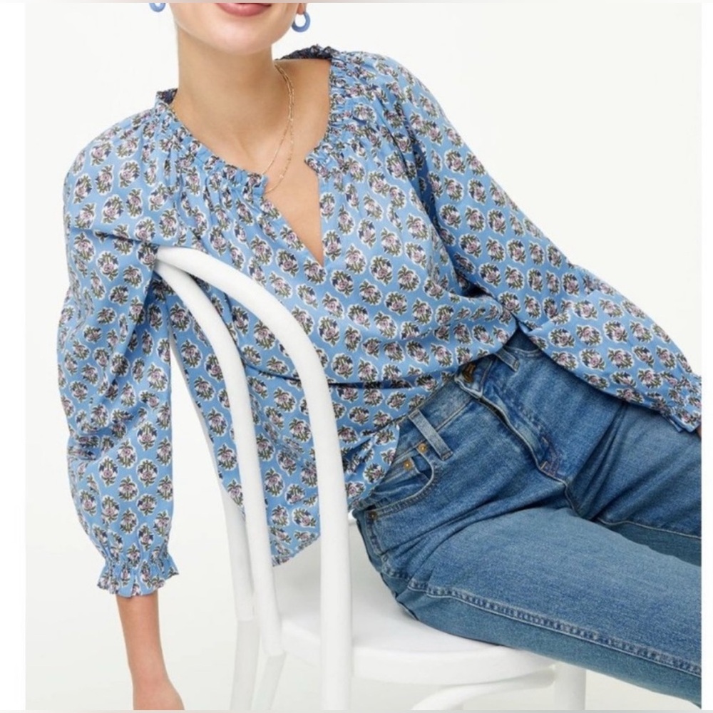 J.Crew Blue Floral Split-Neck Popover‎ Cotton Artist Shirt Top Women's Madewell